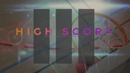 Animation of high score text, network of connections spinning over male basketball player - Powered by Adobe