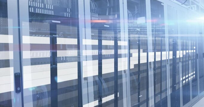 Animation of data processing and white lines over server room