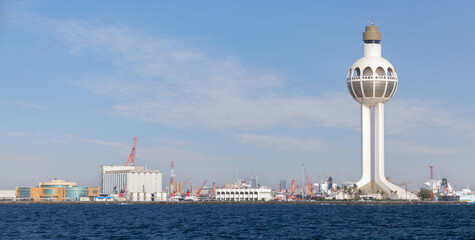 Port of Jeddah, Saudi Arabia. Skyline with traffic control tower
