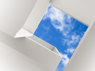 Abstract white interior background with blue sky. Minimal architecture 3d