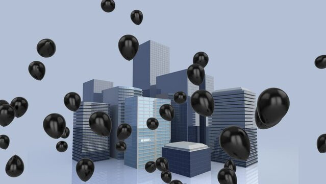 Digital animation of multiple balloons floating over 3d tall buildings model against blue background