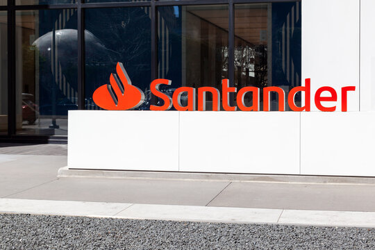 Dallas, Texas, USA - March 20, 2022: Santander sign at the entrance to its office in Dallas, Texas, USA. Santander Bank, N. A., is a wholly owned subsidiary of the Spanish Santander Group. 