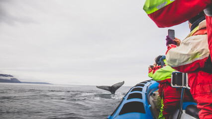 Tourists having fun at whale watching boat in Iceland