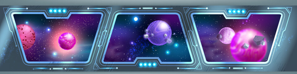 Space ship interior background, futuristic shuttle view, planets, spaceship station panoramic window. Sci-fi game rocket room concept, stars neon blue sky, galaxy universe illustration. Spaceship hall © Oleksandra