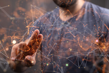 network holding in hand 3d connection data