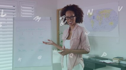 Animation of letters over african american female teacher