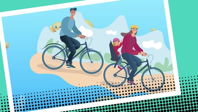 Animation of family cycling together icons and emoji icons on blue background