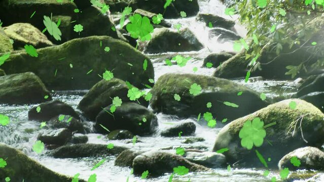 Animation of clover icons over rocks and river