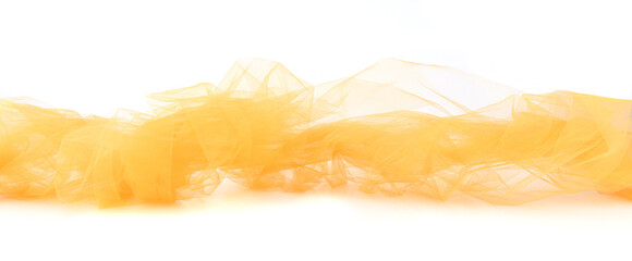 Bright orange tulle fabric isolated on white background.  Abstract transparent material curve wave on white.