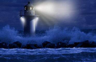 In the dark, the little lighthouse rises upright from the turbulent sea. For centuries, lighthouses...
