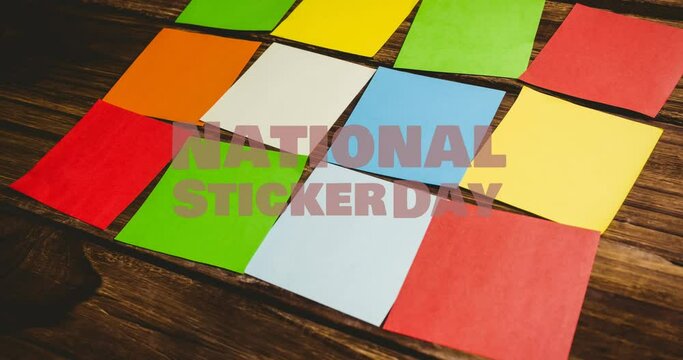 Animation of national sticker day in red letters over multi coloured memo notes