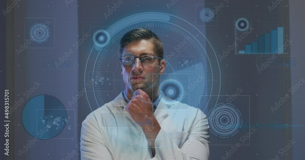 Poster animation of data processing and scope scanning over caucasian man