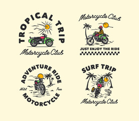 Set Vector Hand Drawn Vintage Motorcycle Surfing Club Logo Label Badge