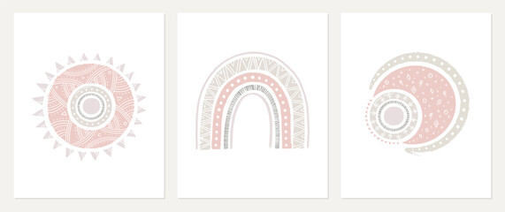 Boho Rainbow, sun and moon. Set of baby Scandinavian wall art, nursery modern decoration, poster design. Trendy contemporary art compositions for postcard or brochure cover design