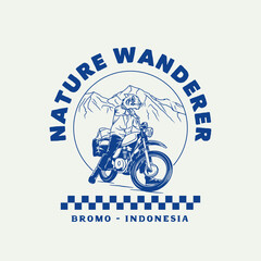 Hand Drawn Vintage Motorcycle Mountain Adventure Logo Label Badge