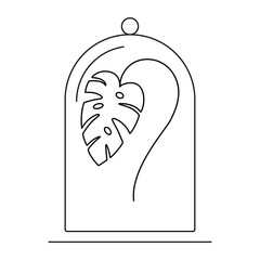 Monstera in glass flask outline logo. Boho emblem. Botanical badge for company branding. Isolated vector illustration