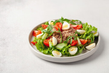 Plate of nicoise salad with tuna, boiled egg and vegetables.