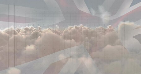 Animation of data processing over clouds and flag of uk - Powered by Adobe