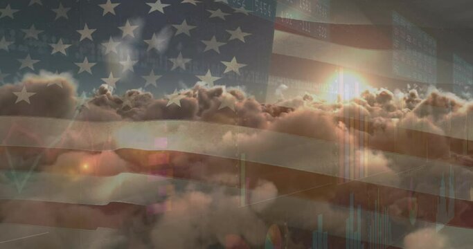 Animation of data processing over clouds and flag of america