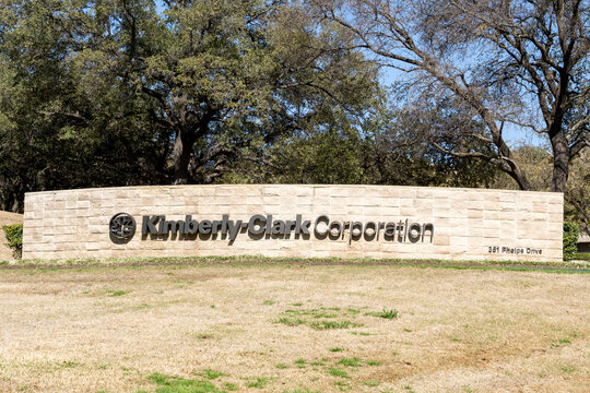 Irving,  Texas, USA - March 20, 2022: Kimberly-Clark Corporation&rsquo;s sign at its headquarters in Irving,  Texas, USA. Kimberly-Clark Corporation is an American multinational personal care corporation. 