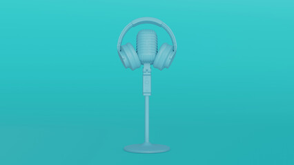 Mic and Headphones image in minimal monochromatic style blue color. Music earphones rhytm and 3d style. 3d rendering