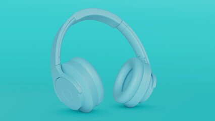 Headphones image in minimal monochromatic style blue color. Music earphones rhytm and 3d style. 3d rendering