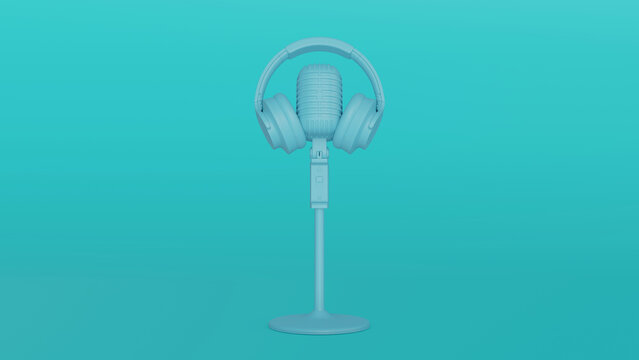 Mic and Headphones image in minimal monochromatic style blue color. Music earphones rhytm and 3d style. 3d rendering