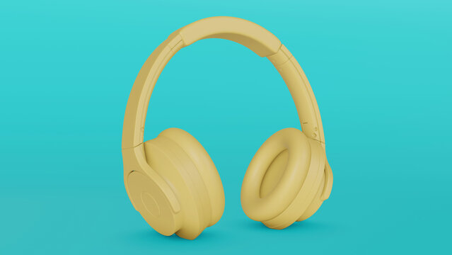 Headphones image in minimal monochromatic style. Yellow and blue. Music earphones rhytm and 3d style. 3d rendering