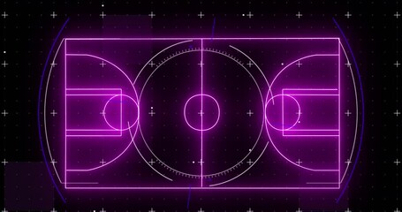 Animation of purple neon basketball court and markers - Powered by Adobe