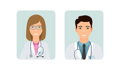 Avatars male and female doctors. Medic icon. Faces man and woman medical specialist with stethoscope. Flat design. Vector illustration.