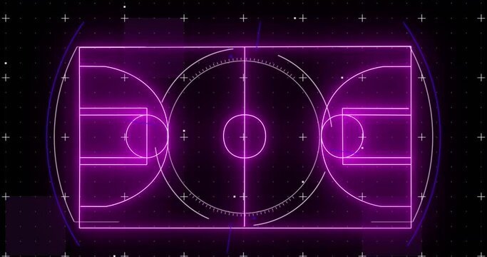 Animation of purple neon basketball court and markers