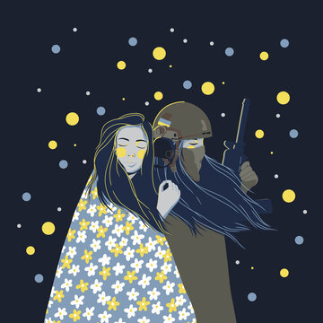 Vector Illustration Of Ukrainian Woman Warrior With Weapon And Civil Girl In Flowered Cover Supporting Each Other In Getting Victory. Support Ukraine, Stand Up For Ukraine