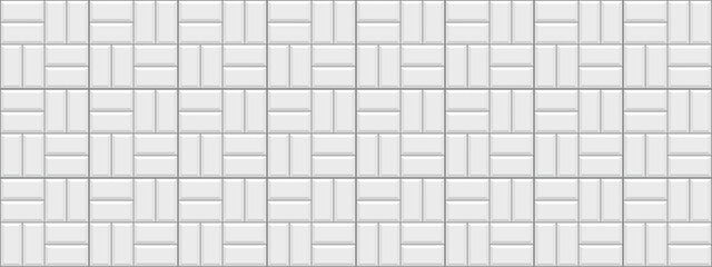 Tile subway. Brick wall. Seamless metro background. White ceramic pattern. Kitchen backsplash. Cement texture. Old rectangle brickwall. Apron faience print. Vintage stone surface. Vector illustration