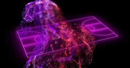 Animation of purple neon basketball court and pink particles - Powered by Adobe