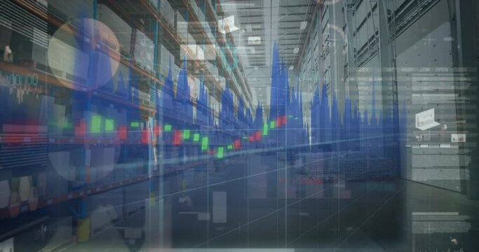 Animation of statistics processing over warehouse in background