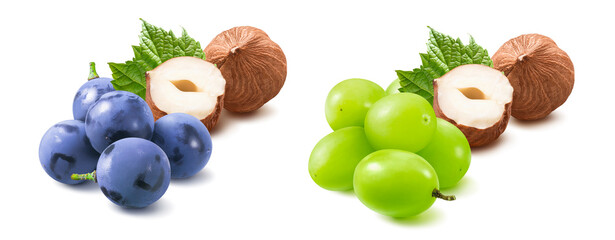 Hazelnuts, blue and green grapes set isolated on white background. Nuts and berries mix.