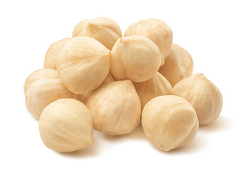 Small pile of peeled roasted hazelnuts isolated on white background