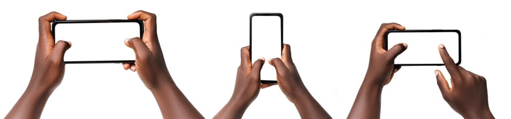 set of Black hand holding phone facing camera isolated on white background. blank screen, phone screen mockup, front view, clipping path, clipping mask. Hand gestures