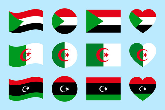 Sudan, Algeria, Libya flags vector illustration. Sudanese, Algerian, Libyan states official flags symbols set. Can use for travel, patriotic, sports pages designs. geometric shapes icons. Flat style.
