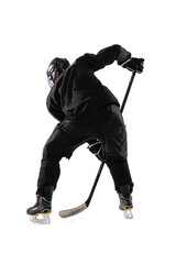 Back view full-length portrait of professional hockey player in motion, training isolated over white studio background