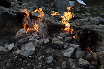 Flames from the underground of Mount Chimera, Cirali, yanartas Milli park, Turkey	
