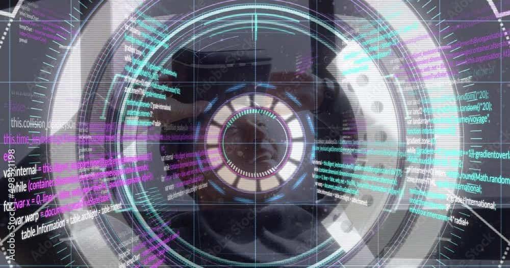 Poster animation of data processing and scope scanning over caucasian man with vr headset