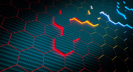 abstract modern background carbon fiber hexagons with colorful lights.