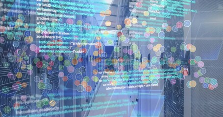 Animation of data processing and media icons over server room - Powered by Adobe