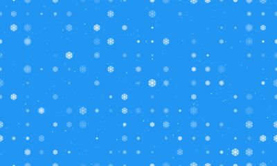 Naklejka na ściany i meble Seamless background pattern of evenly spaced white snowflake symbols of different sizes and opacity. Vector illustration on blue background with stars