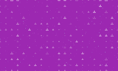Seamless background pattern of evenly spaced white download symbols of different sizes and opacity. Vector illustration on purple background with stars