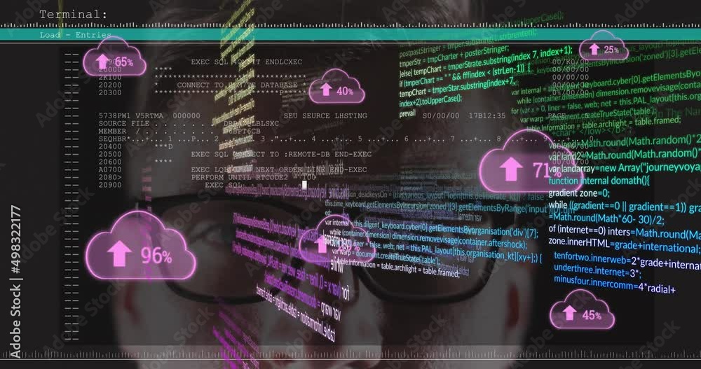 Poster animation of data processing over caucasian man and clouds icons