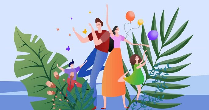 Animation of family with balloons and leaves during party on blue background