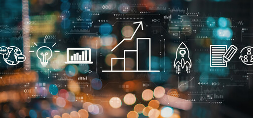 Business growth analysis with blurred city abstract lights background