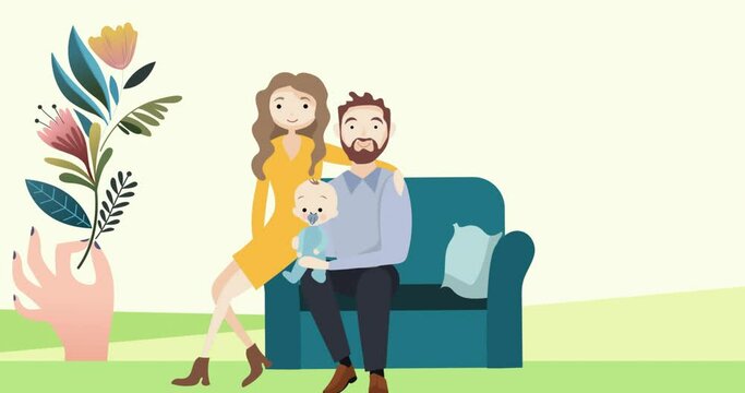 Animation of family embracing at home and hand with flower on green background